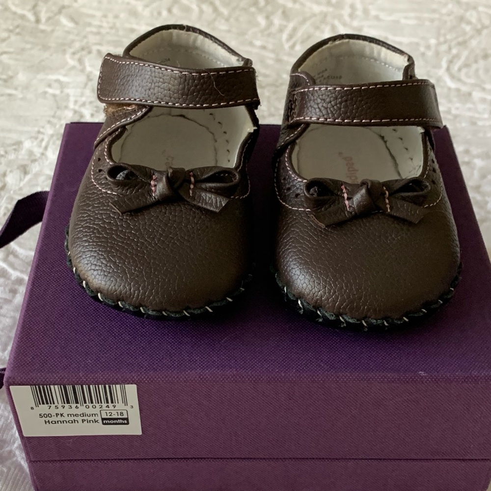Pediped 12-18 month brown & pink bow leather shoes